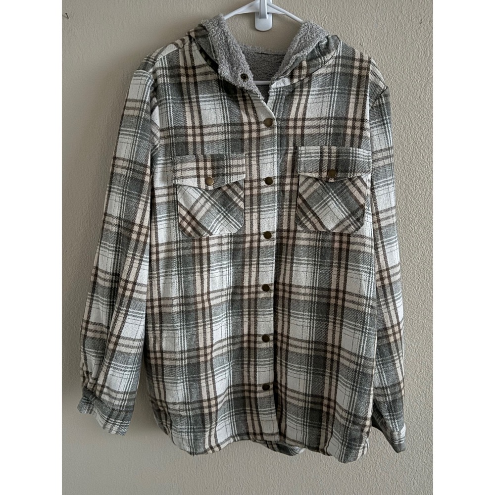 Womens NWOT Gray Plaid  Flannel Hoodie Shacket Sherpa Lined Casual Oversized Top